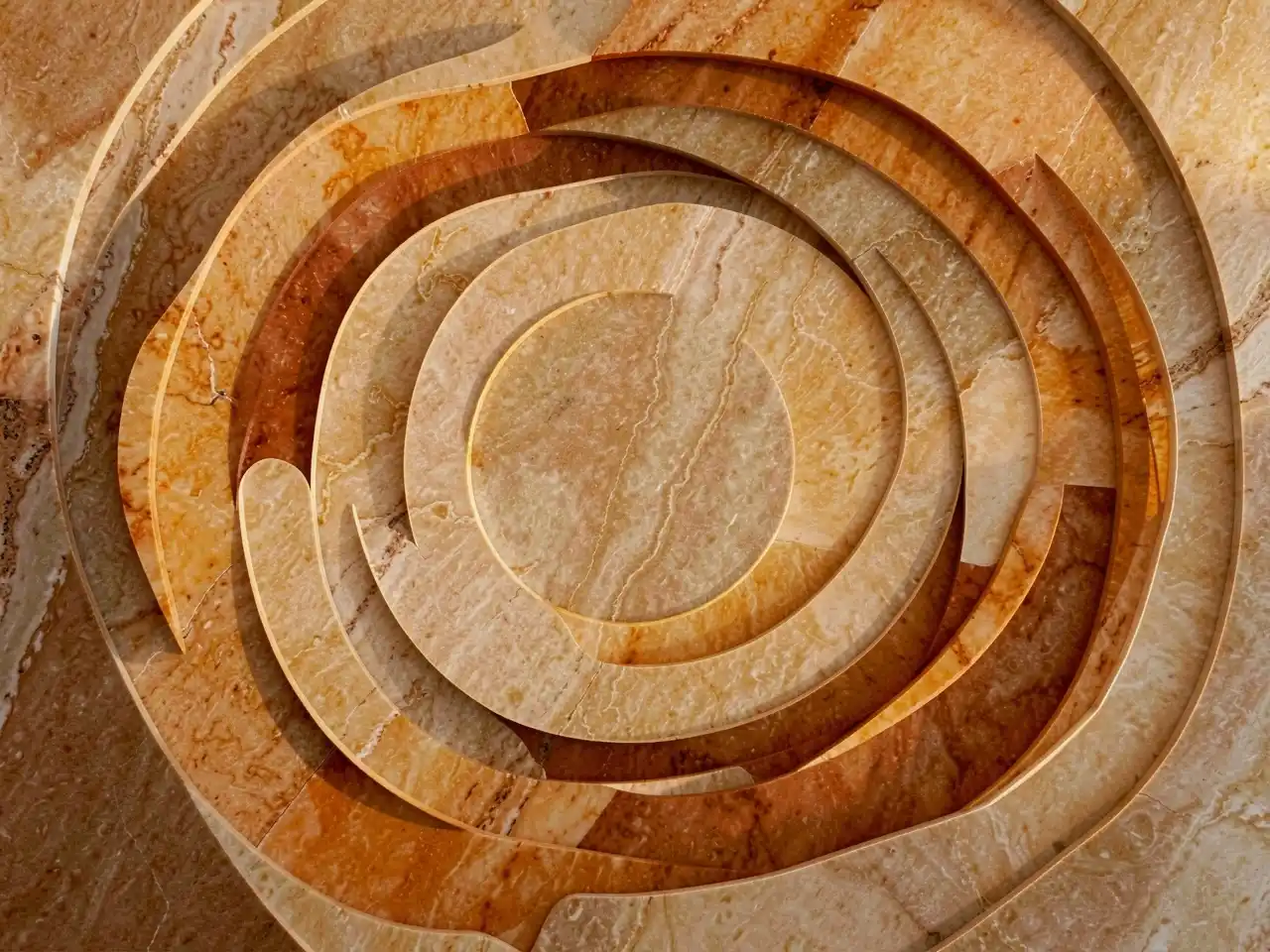 Layered organic ellipses in warm stone and amber tones representing evening ease and gentle wind-down